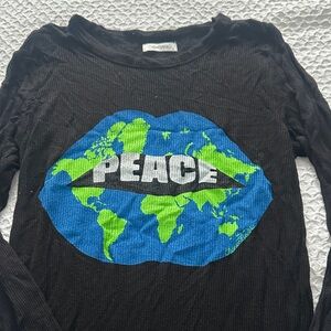 Lauren Moshi Black Tee with Blue and Green Peace Map